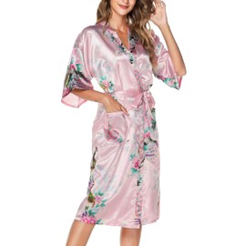 Lovasy Kimono Dressing Gowns Satin Kimono Robe Peacock and Blossoms Silk Dressing Gown for Women UK Long Silk Bride and Bridesmaid Robes,Pink,L