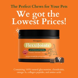 NZorganix FlexxiJoints Hip and Joint Supplement Chews for Dogs, Cats • 100% Grass-Fed Beef Bone Collagen New Zealand Green-Lipped Mussels • 200 Chews 2-Pack