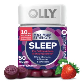 Olly Sleep Fuerza Mxima 10mg Melatonina  50 Gomitas Sabor Fresa  Sueo Profundo y Natural  Con L-Theanina y Manzanilla  Suplemento Nocturno            