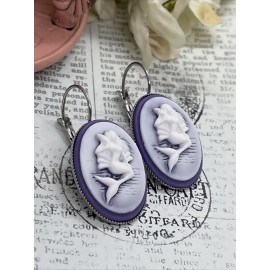 FANCY FOX BOUTIQUE Mermaid Purple Silver  Wedding Gift Anniversary Earrings Cameo Birthday Brass