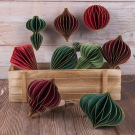 12 Pcs Red and Green Christmas Paper Honeycomb Ornaments for Tree, 3D Glitter Edge Paper Honeycomb Lanterns Reusable Decorative Hanging Ornaments for Xmas Tree New Year Holiday Party Home Decor
