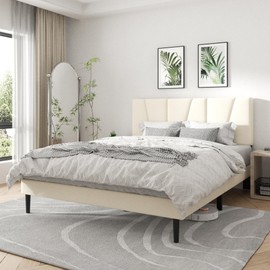 CXVX Full Size Platform Bed Frame with Geometric Upholstered Headboard, Noise Free, Wooden Slats Support, No Box Spring Needed, Easy Assembly, Beige, Velvet