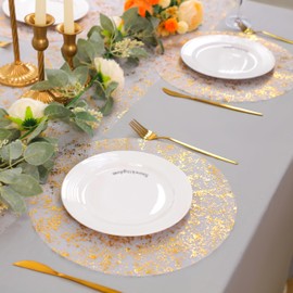 Snowkingdom 50 Pcs Gold Placemats Disposable 13" Gold Foil Round Place Mats Golden Metallic Mesh Gauze Charger Elegant Table Mats Decoration for Wedding Birthday Christmas Holiday Party Supplies