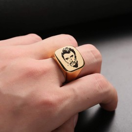 AFSTALR Men's Signet Ring Johnny Hallyday Stainless Steel Signet Ring with Signature Johnny the Boss Rock, Gold Plated