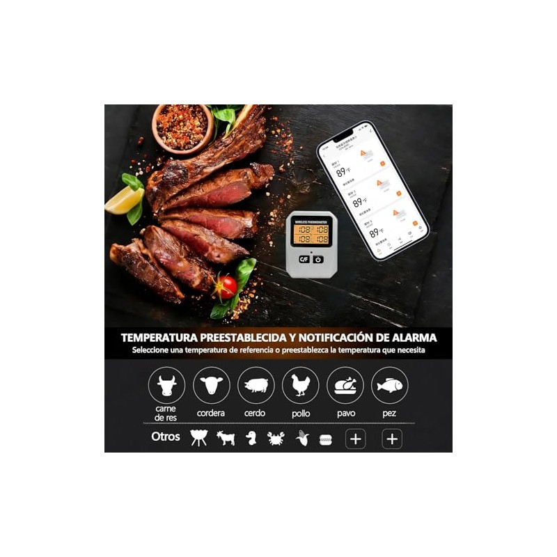 Inalámbrico Termómetro Carne, Termómetro Digital Cocina con 4 Sondas,Meat Thermometer