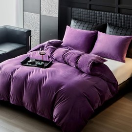 WARMDERN Purple Flannel Velvet Duvet Cover Queen Size Duvet Cover Bedding Sets, 3pcs Ultra Soft Luxury Textured Modern Crystal Velvet Duvet Covers with Zipper Closure(Purple, Queen)