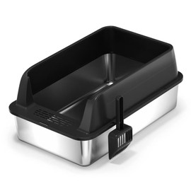 Stainless Steel Enclosed Cat Litter Box with Lid，Covered Metal Kitty Litter Box with Litter Mat and Odor Reduction Pack(2kg), Metal Scoop，Switchable Design, Easy Clean (Open Top Litter Box-Black)