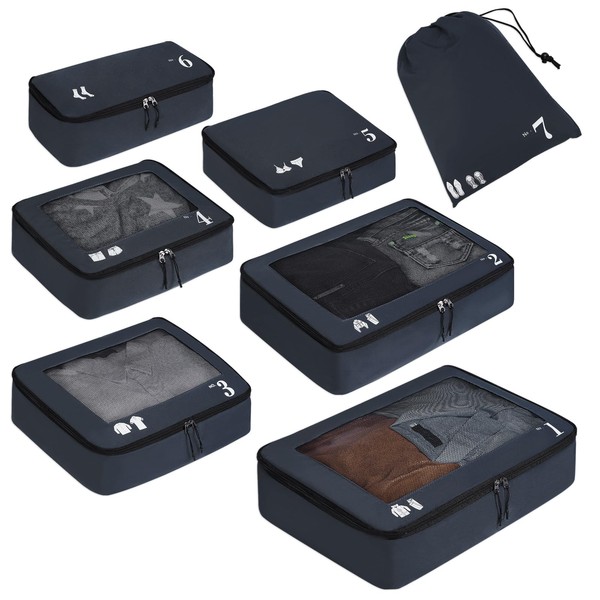 ECOHUB - Juego de 7 cubos de embalaje resistentes al desgarro, organizadores de embalaje de equipaje con icono de número para accesorios de viaje, veliz, cubos de embalaje lavables a máquina (azul oscuro)