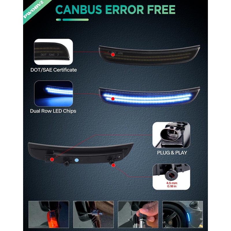 PWOBVZ Dynamic Blue LED Side Marker Light for Dodge Charger