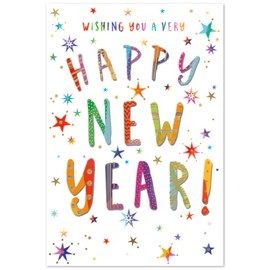 Happy New Year Greetings Card - Multi Coloured Writing and Stars 7.5x5.25"