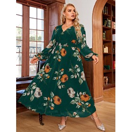 Simplee Women's Plus Size Wedding Guest Dress Flowy Fall Floral Long Sleeve Maxi Dress V Neck Empire Waist Boho Maternity Dress for Photoshoot (4XL Emerald Green)