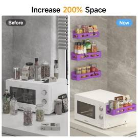 Sevenblue 4 Pack Magnetic Spice Rack for Refrigerator, Spice Rack Organizer, Moveable Magnetic Shelf Fridge Organizer with 4 Hooks for Kitchen and Oven Organization, Black, Purple