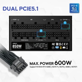 Vetroo 850W Power Supply Dual PCIe 5.1 ATX 3.1 Ready, 80 Plus Gold Full Modular, Quiet Operation with 120mm FDB Fan, 10-Year Warranty - Black