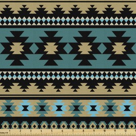 Ambesonne Teal Stripe Fabric by The Yard, Ethnic Illustration of Aztec Inspired Elements Designed Horizontally, Decorative Fabric for Upholstery and Home Accents, 3 Yards, Teal Black