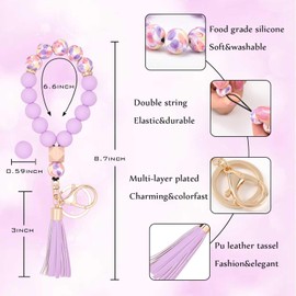 BAOSIWA Silicone Beaded Bracelet Keychain Purple Flower Wristlet Key Ring Bangle Chains for Women Girls with Leather Tassel