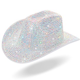 Hercicy Rhinestone Cowboy Hat with Diamond Fringe Bling Cowgirl Hat With Western Wide for Cosplay Wedding(White,Vivid)