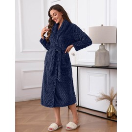 Ekouaer Plush Robe for Women Fleece Long Sherpa Shaggy Lapel Bathrobe with Belts Soft Loungewear Navy BlueXXL