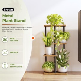 Bamworld Small Plant Stand Indoor Metal Plant Shelf Brown Plant Holder 4 Tier 5 Potted for Multiple Plants Corner Plant Table for Patio Garden Balcony Living Room