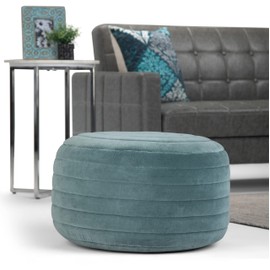 SIMPLIHOME Vivienne Boho Round Pouf in Turquoise Velvet, Footstool, Footrest, Upholstered, for the Living Room, Family Room