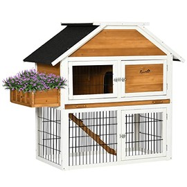 PawHut Rabbit Hutch Outdoor for 2 Rabbits, Flower Bed, Wooden Rabbit Cage with Shade Everywhere, Steel Metal Wire, Waterproof