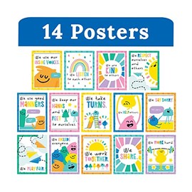 Carson Dellosa Education Carson Dellosa Happy Place Classroom Rules Posters, 14 Pastel 8.5' x 11' Wall Decor for Bulletin Board, Back to School