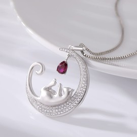 Cat Necklace, Cat Necklace for Women Cat Jewelry Silver Cat on Moon Necklace Sterling Silver Cat Necklace Diamond Cat Necklace Moon Cat Necklace Red Cat Crystal Cubic Zirconia Necklaces Han han
