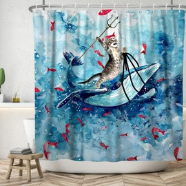 Funny Shower Curtain Cat Riding Whale Shower Curtains Cute Animal Kids Shower Curtain Sets Blue Sea Biology Bathroom Decor with Hooks Polyester Fabric Shower Curtain Waterproof Christmas 72x72 inches