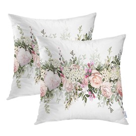 Batmerry Pink Vintage Decorative Pillow Covers, 18 x 18 Inch Pink Flowers and Leaves On Beige Watercolor Floral Double Sided Throw Pillow Covers Sofa Cushion Cover Square 16 Inches(Set of 2)