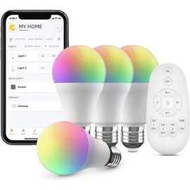BroadLink Kit de iluminación de bombillas inteligentes con control remoto, 9 W, A19, cambio de color, con sincronización de música, compatible con