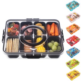 Dingerjar Divided Serving Tray with Lid and Handle - Snackle Box Charcuterie Container for Portable Snack Platters Organizer for Candy, Fruits, Nuts, Snacks - Perfect for Party, Entertaining, Black