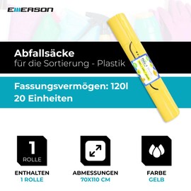 Emerson 20 Tear-Resistant Bin Bags, Yellow Bags, Extra Strong Waste Bags, Pack of 1 Yellow Rolls, 120 L Capacity 70 x 105 cm, Sturdy Bin Liners Made of Environmentally Friendly Recycled Film