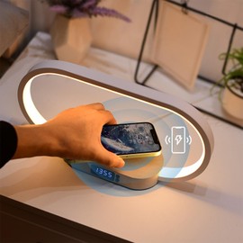 KOCASO Bedside Lamp with Clock, Touch Control Lamp USB Port, Wireless Charging LED Desk Lamp Dimmable Nightstand Reading Lamp for Nightstand, Bedroom, Wood Decor, Dimmable Nightstand &2 Color Modes