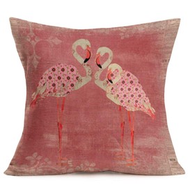 Smilyard Flamingos Pattern Pillow Covers Sweet Family Throw Pillowcase Vintage Pink Cotton Linen Decorative Cushion Covers Square Outdoor Indoor Couch Bedroom 18x18 Inch (Pink Bird 02)