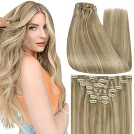 Full Shine Full Shine Blonde Highlight Extensions Clip in 24 Inch Highlight Golden Blonde Clip in Hair Extensions Human Hair 7 Pcs 120 G