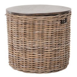 Kouboo Round Rattan Storage Basket with Wood Lid - Side or End Table with Hidden Storage for Blankets, Pillows, and More