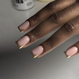 Gold French Tip Press on Nails Short Nude Square Fake Nails Glossy Design Short False Nails French Tip Nails Press ons Artificial Acrylic Nails Full Cover Stick On Nails for Women Girls 24Pcs