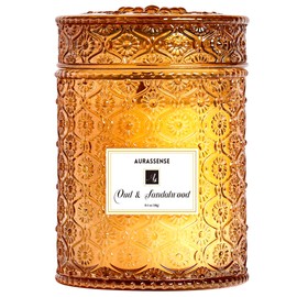 AurassenseECSL Wood Wick Soy Wax Candle - 19.4oz/550g, Long-Lasting Scented Candle for Sleep & Relaxation, Multi-Color Glass Decorative Jar, Gift for Women (Oud & Sandalwood)