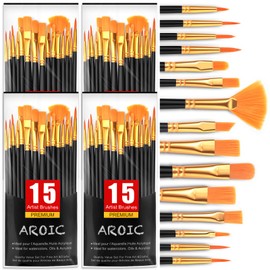 AROIC Acrylic Paint Brush Set,4pack/60pcs Nylon Hair Oil Watercolor Rock Face Painting Artist Paint Brushes, 15 Sizes Paint Brush Set for All Purposes Kids Adult Arts Paint Brush Supplies.