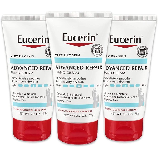 Eucerin Advanced Repair Hand Cream - Pack of 3, Fragrance Free, Hand Lotion for Very Dry Skin - Use After Washing With Hand Soap, Travel Size - 2.7 oz.