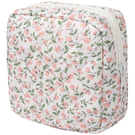 LETGO Floral Makeup Bag, Small Cosmetic Bag for Women Girls, Cute Cotton Makeup Bag, Quilted Makeup Bags, Flower Travel Make up Bag for Purse (Pink Floral)
