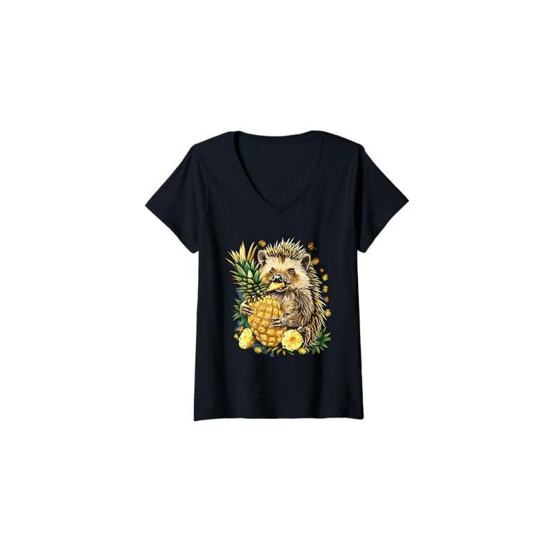 Womens Pineapple Hedgehog Drawing Pineapples Fruit Hedgehog Lover V-Neck T-Shirt