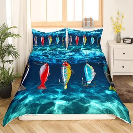 Castle Fairy Lure Fishing Full Size Duvet Cover Set,Fisherman Fishing Tackle Bait Comforter Cover with 2 Pillowcases,3pcs,Fish Outdoor Sports Polyester Bed Spread for Boys Teens Bedroom Decor