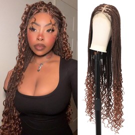 Lexqui 36" 360° HD Full Lace Braided Wigs with Boho Curly End Box Braid Wig with Baby Hair Ombre Brown Natural Triangle Knotless Braided Wigs for Women Human Hair Blended Braided Lace Front Wig
