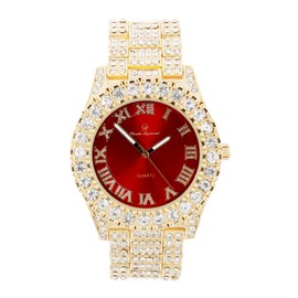 Mens Gold Big Rocks Bezel Blood Red Dial with Roman Numerals Fully Iced Out Watch w/Cuban Chain Bracelet & Ring Size - Blood Red/Gold - ST10327CRG, gold, 12, Modern