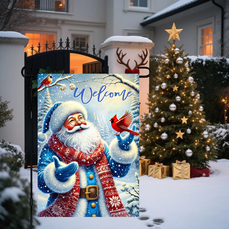 BlissYard Christmas Garden Flag 12x18 Inch Blue Santa Red Yard