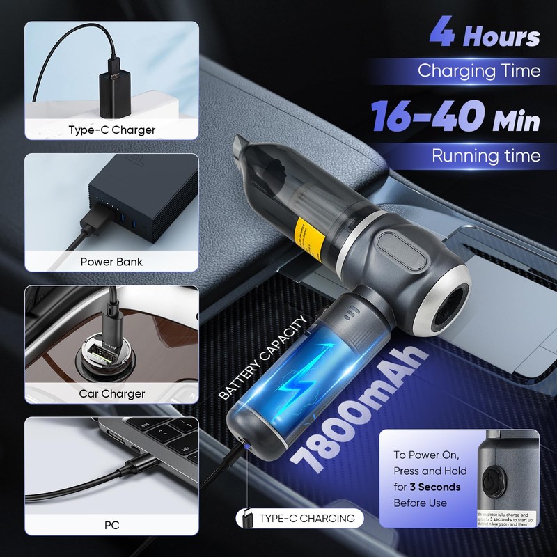 SakerPlus Car Vacuum Portable Cordless, 3-in-1 Hand Held Mini Vacuum