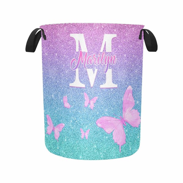 MyPupSocks Custom Laundry Baskets, Custom Pink Butterflies and Initial Monogram