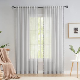 Pom Pom Grey Sheer Curtains for Girls Bedroom 54 Inch Decorative Light Filtering Linen Textured Voile Curtain Panels Boho Living Room Privacy Protect Protect Pencil Pleat Semi Sheer Drapes 52" W 2pcs