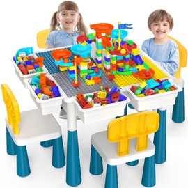 OCATO Toddlers Kids Table and Chair Set: Activity Table with 152Pcs Large Marble Run Building Blocks 4 Chairs Storage All in One Play Sensory Table Water Table Sand Table for Boys Girls 3-10 Year Old