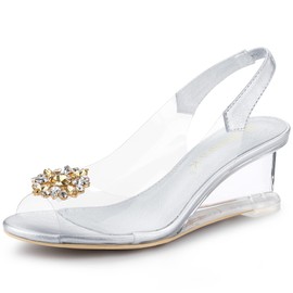 Allegra K Women's Silver Clear Slingback Wedges Rhinestone Transparent Peep Toe Heels 6 M US